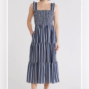 Stripe Smocked Maxi Dress, Size Small. Navy and white striped tiered maxi dress.